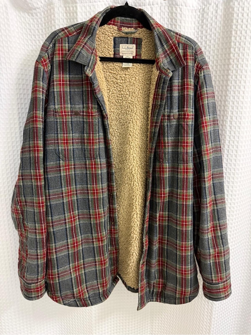 L.L. Bean Men's Large Sherpa-Lined Plaid Flannel Shirt Jacket - Red & Gray